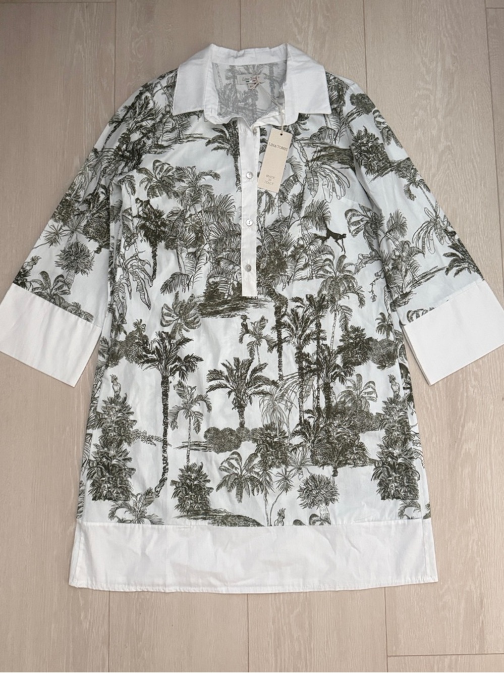 Lina Tomei Made in Italy Palm-Print White & Olive Dress Tunic